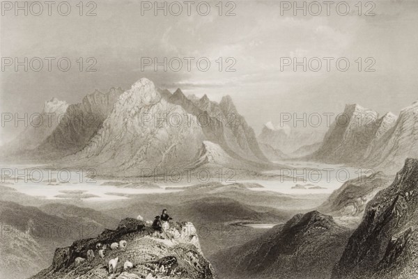 Scene from Cloonacartin Hill. Connemara. Ireland. from The Scenery and Antiquities of Ireland. 1841. digital reproduction of a historical original