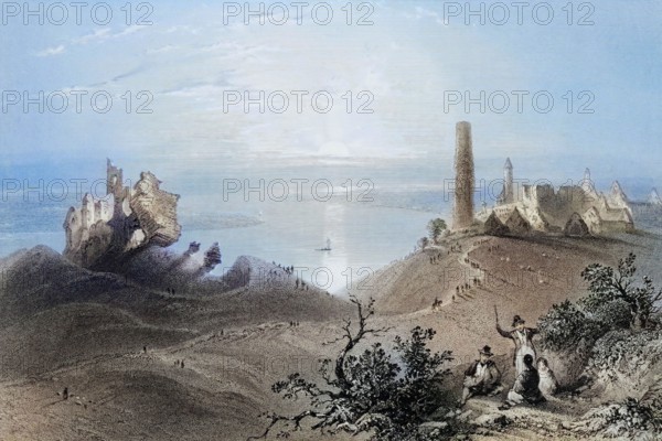 Seven Churches of Clonmacnoise. Ireland. from The Scenery and Antiquities of Ireland. 1841. digital reproduction of a historical original