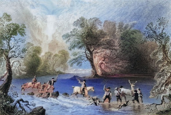 Killing a stag near Derrycunniky Cascade. Killarney. County Kerry. Ireland. from ""The Scenery and Antiquities of Ireland"". 1841. digital reproduction of a historical original