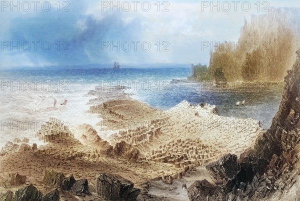 The Giant's Causeway from above. County Antrim. Ireland. from the Scenery and Antiquities of Ireland. 1841. digital reproduction of a historical original