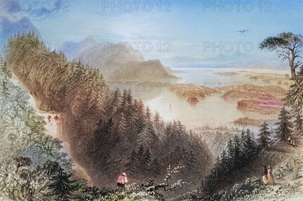 The Lower and Turk Lakes. from the Turk Waterfall. Killarney. County Kerry. Ireland. from The Scenery and Antiquities of Ireland. 1841. digital reproduction of a historical original