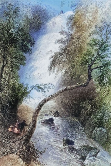 Turk Cascade. Killarney. County Kerry. Ireland. from The Scenery and Antiquities of Ireland. 1841. digital reproduction of a historical original