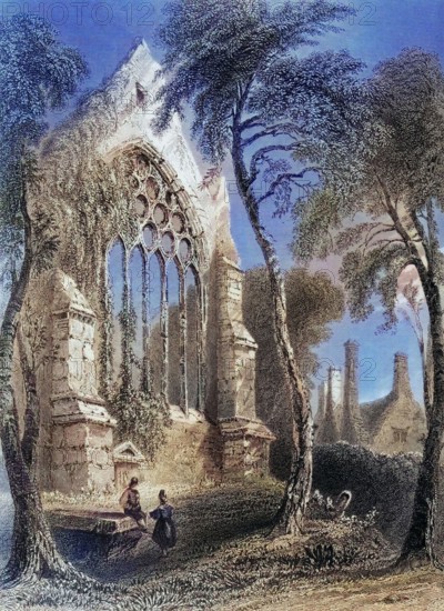 Youghall Abbey. County Cork. Ireland. from The Scenery and Antiquities of Ireland. 1841. digital reproduction of a historical original