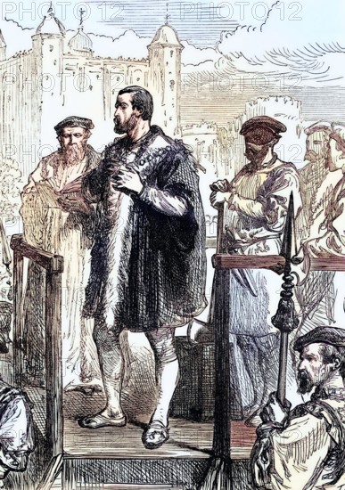 The execution of Edward Stafford. 3rd Duke of Buckingham (1478 to 1521). following his arrest for potentially treasonous acts by Henry VIII in April 1521. He was executed on 17 May 1521 on Tower Hill. England. digital reproduction of a historical original