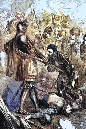 At the Battle of Pavia. fought in Italy on the morning of February 24. 1525. Francis I of France was captured by Spanish troops. imprisoned by Charles V. and forced to sign the humiliating Treaty of Madrid. digital reproduction of a historical original