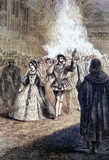 Henry VIII dancing with Anne Boleyn at a ball in the old Greenwich Palace in 1527. London. England. digital reproduction of a historical original