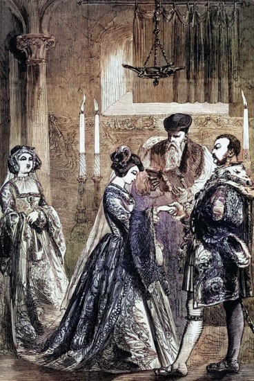 The wedding of Henry VIII and Anne Boleyn on January 25. 1533. On May 23. 1533. Thomas Cranmer declared the marriage between Henry and Catherine null and void; five days later. he declared the marriage between Henry and Anne valid. England. digital reproduction of a historical original.