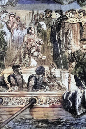 The arrest of Anne Boleyn for high treason on May 2. 1536. She was taken to the Tower of London. found guilty on May 15. and beheaded four days later. England. digital reproduction of a historical original