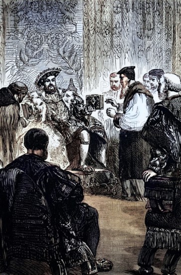 King Henry VIII presents the Great Bible to his lords in 1539. an English translation that was an impressive support for his new-found dignity. England. digital reproduction of a historical original