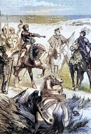 herald delivering a challenge to a duel from Lord Huntley to the Duke of Somerset; a prelude to the Battle of Pinkie Cleugh on the banks of the River Esk near Musselburgh. Scotland. on 10 September 1547. It was the last open field battle between Scottish and English armies in the British Isles. England. digital reproduction of a historical original