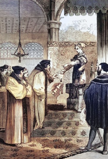 Edward VI presented Cardinal Cranmer with a warrant for Joan Bocher's arrest. Her first conflict with church and state came after she spoke out against the sacrament of the altar. These views led to her being burned at the stake on May 2. 1550. England. digital reproduction of a historical original.