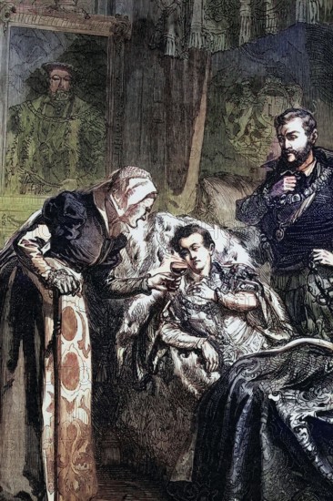 The last physician to attend King Edward VI before his death on July 6. 1553. England. digital reproduction of a historical original