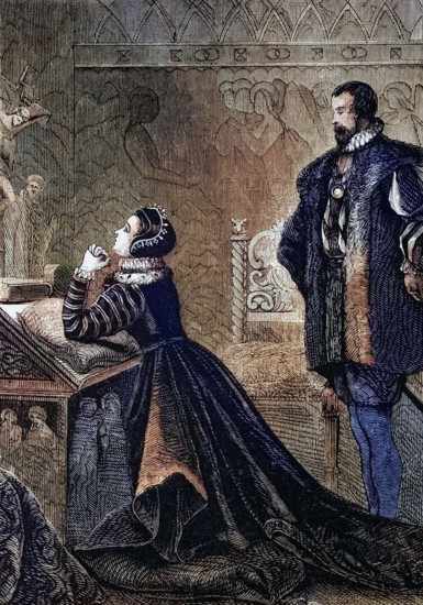 Queen Mary in her private oratory. England. digital reproduction of a historical original