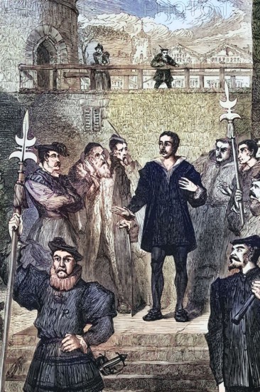 Sir Thomas Wyatt the Younger (1521–11 April 1554) was a rebel leader during the reign of Queen Mary I of England; his uprising is traditionally called Wyatt's Rebellion. He was executed on 11 April and expressly absolved Princess Elizabeth of any complicity in the rebellion on the scaffold. England. digital reproduction of a historical original.