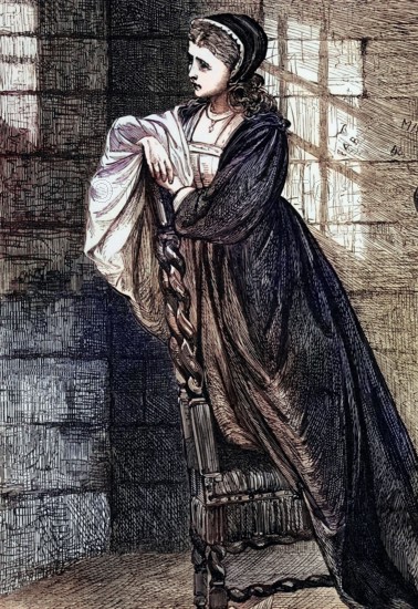 Lady Jane Grey watches her husband. Lord Guildford Dudley. a younger son of the Duke of Northumberland. on his way to execution. After their reign as Nine Days' Queen. they were sentenced to death for high treason in November 1553. England. digital reproduction of a historical original.