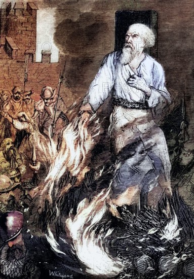 Thomas Cranmer (July 2. 1489 – March 21. 1556) was a leader of the English Reformation and Archbishop of Canterbury during the reigns of Henry VIII and Edward VI. He was accused of high treason and heresy after Mary I. a Catholic. ascended to the throne and burned at the stake on March 21. 1556. in Oxford. England. Digital reproduction of a historical original.