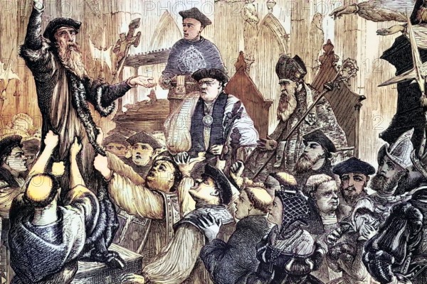 Shortly before his execution. Archbishop Cranmer. under pressure from the church authorities. repeatedly recanted his confessions of faith and apparently reconciled with the Roman Catholic Church. However. on the day of his execution. he dramatically recanted his recantations and died on March 21. 1556. in Oxford. a heretic to Catholics and a martyr to Protestants. Digital reproduction of a historical original.