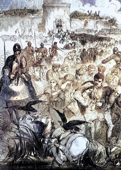 The withdrawal of the citizens during the Siege of Calais in the spring of 1558 during the Italian War of 1551-1559. The forces of the Kingdom of France under the command of Francis. Duke of Guise. captured the city of Calais from England. which had ruled it since 1347. Digital reproduction of a historical original.