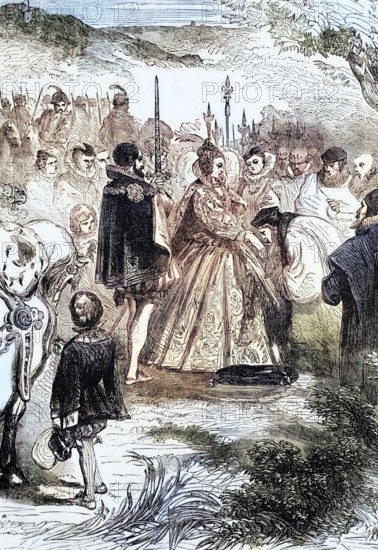1558. Queen Elizabeth I accepts the allegiance of the bishops in Highgate. London. England. digital reproduction of a historical original