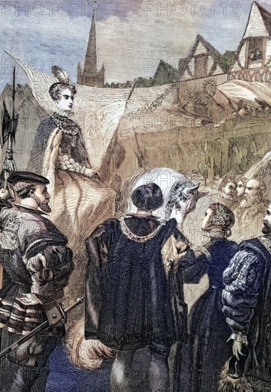 Queen Elizabeth I entering London for her coronation on 15 January 1559. England. digital reproduction of a historical original