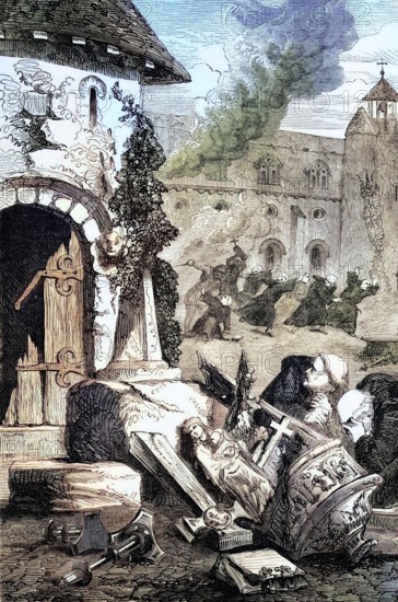 Destruction of Perth Charterhouse or Perth Priory. a monastery of Carthusian monks based in Perth. Scotland. by Protestant reformers on 11 May 1559. digital reproduction of a historical original