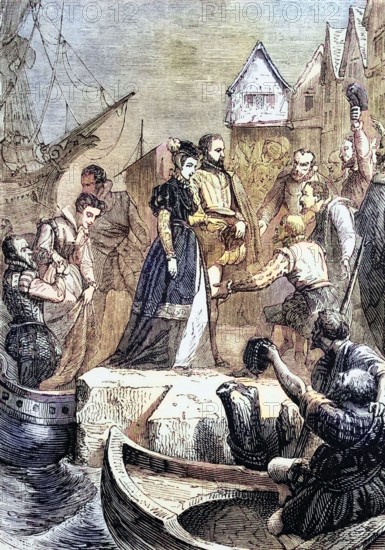 Mary. Queen of Scots. lands in Leith. Scotland. After the burning of Holyroodhouse during the Raid on Hertford in 1544. she moved her Scottish court to Leith. 1560. digital reproduction of a historical document