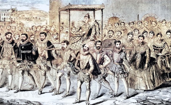 English state procession of Queen Elizabeth I around 1561. England. digital reproduction of a historical model