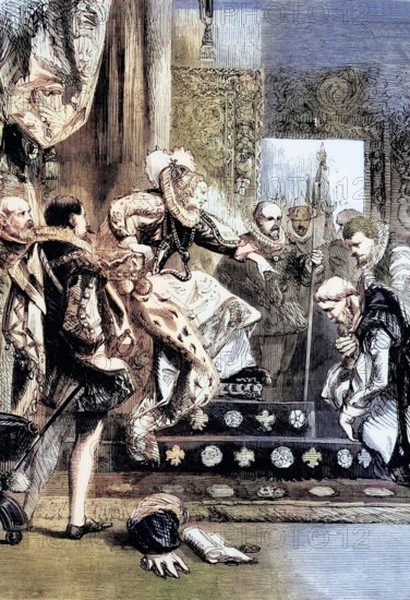 The dismissal of the Earl of Murray and Abbot of Kilwinning by Queen Elizabeth I after he had taken the side of Mary Stuart in 1561. England. digital reproduction of a historical original