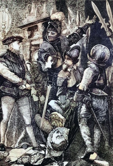 Davide Rizzio (1533–1566) was an Italian courtier. He became Mary. Queen of Scots. Queen of Scots' private secretary. Mary's husband. Lord Darnley. was said to have been jealous of their friendship due to rumors that he had impregnated Mary and joined a conspiracy of Protestant noblemen led by Patrick Ruthven. the 3rd Lord Ruthven. to assassinate him on March 9. 1566. Italy. England. digital reproduction of a historical original.