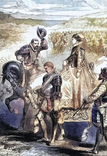 Mary Stuart (1542-1587) was regent of Scotland from December 14. 1542. to July 24. 1567. In 1566. the Scottish nobles. the so-called Confederate Lords. turned against her and raised an army against her. Mary Stuart and Bothwell confronted them at Carberry Hill on June 15. Mary's troops dwindled. and she surrendered. England. digital reproduction of a historical original.