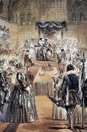 The English coronation of James I (1566 to 1625). King of England and Ireland. on 25 July 1603 after the death of Queen Elizabeth I. From 24 July 1567 he was also King of Scots as James VI. England. digital reproduction of a historical original