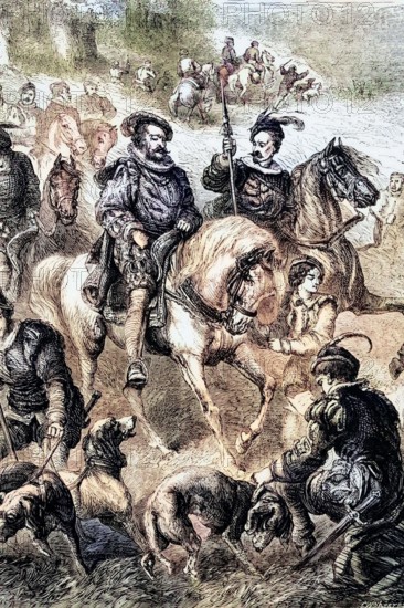 James I (June 19. 1566 – March 27. 1625). King of England. enjoyed his pleasures. This illustration shows his favorite dog with a petition around its neck. imploring it to take a break from hunting and devote itself to state affairs. England. digital reproduction of a historical original.