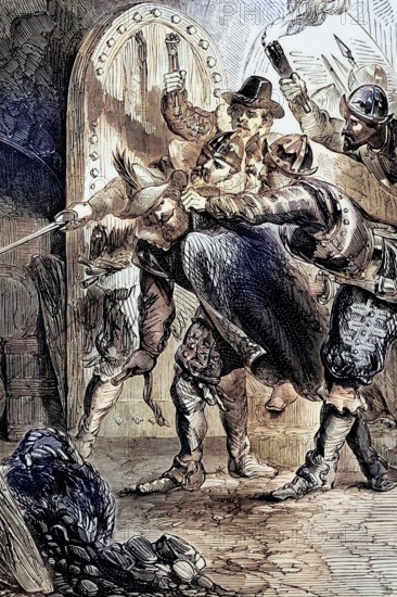 The arrest of Guy Fawkes (1570-1606) on 5 November 1605. as a member of a group of English Catholics from the provinces who were planning the failed gunpowder attack on the English Parliament. England. digital reproduction of a historical original
