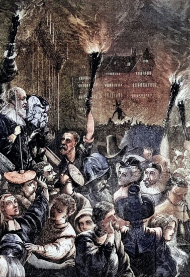 Guy Fawkes Night in 1611. Also known as Bonfire Night. this is an annual event. mainly in England. commemorating the events of November 5. 1605. when Guy Fawkes. a member of the Gunpowder Plot. was arrested while guarding explosives that the conspirators had planted under the House of Lords. Digital reproduction of a historical original.