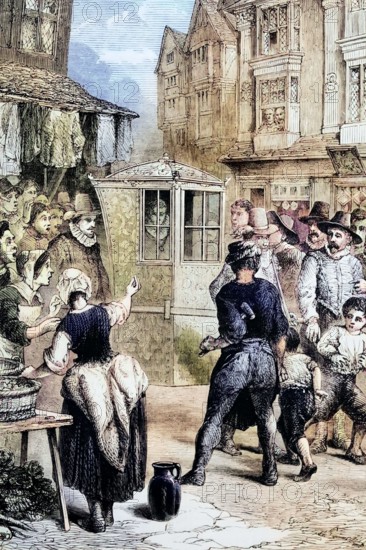 George Villiers. 1st Duke of Buckingham (1592–1628). is seen riding through the streets in his litter. According to Robert Carr. he became the favorite of Edward I. and some claim he was even the king's lover. England. digital reproduction of a historical original.