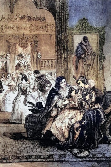 The first interview (or meeting) of Prince Charles (later King Charles I) and Princess Henriette. the youngest daughter of King Henry IV of France. who would become the King's wife in 1625. England. digital reproduction of a historical original