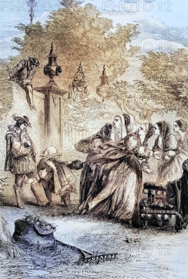 George Villiers. 1st Duke of Buckingham. the favorite of Prince Charles and James. surprises Maria Anna on 17 February 1623 in an orchard in Madrid to the astonishment of the Infanta and the Spanish King Philip IV. England. digital reproduction of a historical original