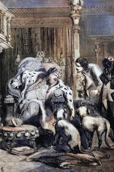 The death of King James I. James I. in the spring of 1625 after severe bouts of arthritis. gout. and fainting. He later suffered a stroke and died on March 27 from a severe attack of dysentery. Lord Buckingham at his bedside. England. digital reproduction of a historical original.