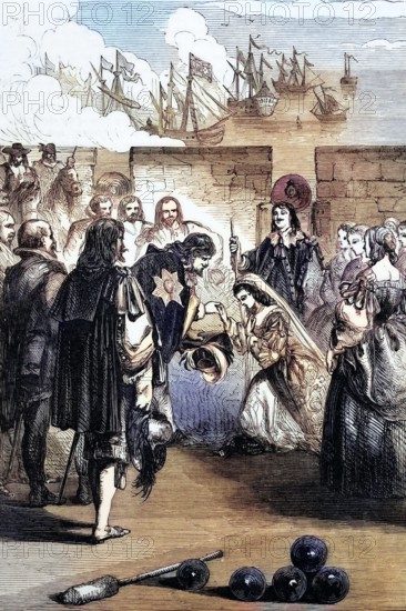 Princess Henriette lands in England after her marriage (by proxy) to King Charles I on 11 May 1625. shortly after his accession to the throne. England. digital reproduction of a historical original