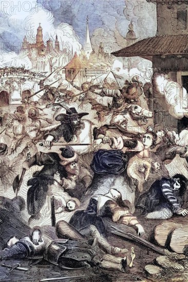 In 1631. during the Thirty Years' War. imperial troops under Johann Tserclaes. Count of Tilly. stormed Magdeburg. the capital of the German state of Saxony-Anhalt. and set it on fire. During the looting. 20,000 inhabitants were massacred. Digital reproduction of a historical original.