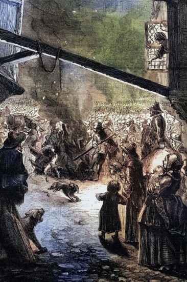 Crowds celebrate the death of Thomas Wentworth. 1st Earl of Strafford. who was executed on May 12. 1641. before a huge crowd on Tower Hill. England. digital reproduction of a historical original