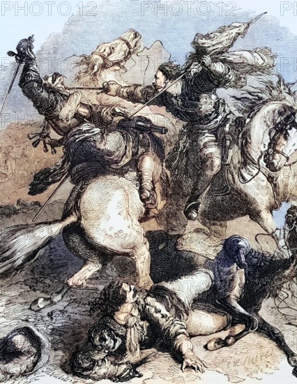 A battle for the standard at the Battle of Edgehill (or Edge Hill) in southern Warwickshire. the first open field battle of the First English Civil War. fought on Sunday. 23 October 1642. England. digital reproduction of a historical original