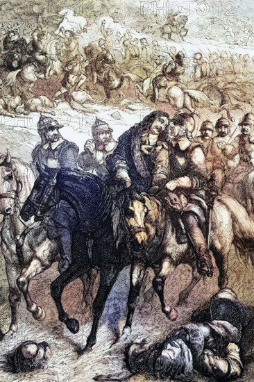 The Battle of Chalgrove was a minor battle during the English Civil War in Oxfordshire. It took place on the morning of June 18. 1643. and was a minor Royalist victory. Notable is the fatal wounding of Colonel John Hampden. a Member of Parliament who died of his wounds six days later. England. digital reproduction of a historical original.