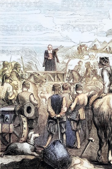 Protestant service in a Puritan camp during the English Civil War. 1643. England. digital reproduction of a historical original