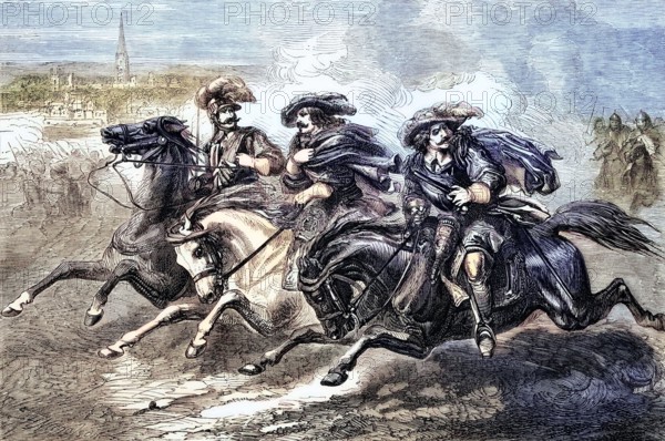 Cavaliers flee the Battle of Naseby. the pivotal battle of the First English Civil War. On June 14. 1645. the main army of King Charles I was decisively defeated by the parliamentary New Model Army under the command of Sir Thomas Fairfax and Oliver Cromwell. England. digital reproduction of a historical original.