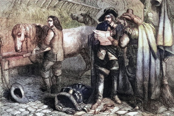 Cromwell discovers the King's letter in the Blue Boar Inn. Holborn. 1647. England. digital reproduction of a historical original