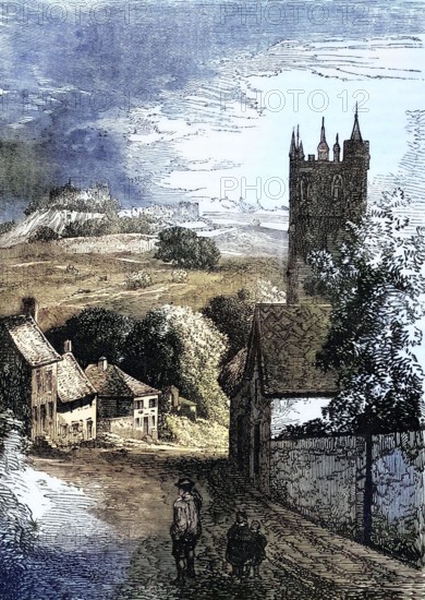Carisbrooke Castle is located in the village of Carisbrooke near Newport on the Isle of Wight in England. where Charles I was imprisoned in the months before his trial. around 1680. England. digital reproduction of a historical original