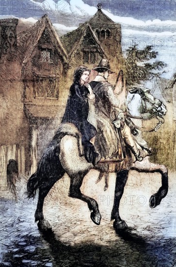 King Charles II (1630-1685) disguised as a servant of Jane Lane. a royal supporter. They shared a horse. used a military pass for Jane and a servant. and traveled to Bristol. England. Digital reproduction of a historical original.