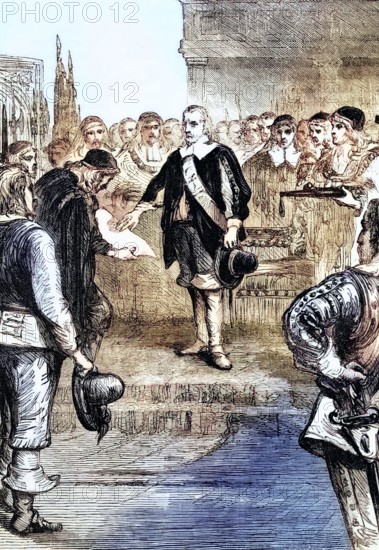 Oliver Cromwell. Captain General of the Armed Forces of England. Scotland and Ireland. took the oath in 1653 to become Lord Protector of the Commonwealth of England. Scotland and Ireland and the Dominions. digital reproduction of a historical original