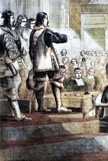 In 1657. Parliament offered Cromwell the crown as part of a constitutional reform. This presented him with a dilemma. as he had been instrumental in abolishing the monarchy. Cromwell agonized over the offer for six weeks. The stability it offered appealed to him. but in a speech on April 13. 1657. he made it clear that God's providence was against the kingship. England. digital reproduction of a historical original.